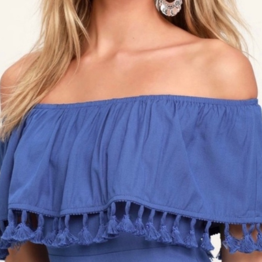 Lulu’s Pensacola blue off shoulder tiered tassel midi dress NWT! S - Picture 2 of 12